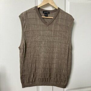 Anthology Silk Sweater Vest Mens XXL Knit Plaid Grid Tan Cotton Blend Neutral